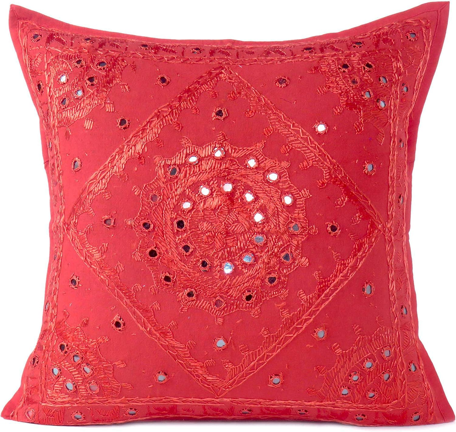 Eyes of India Embroidered Decorative Boho Throw Pillow Cover with Mirrors, Handmade Bohemian Accent