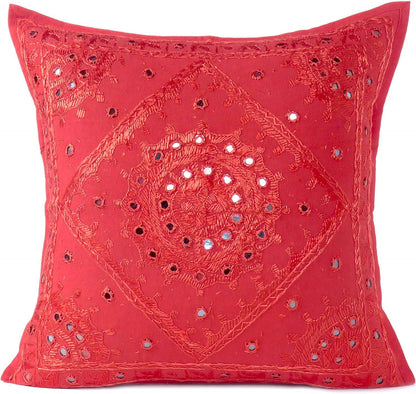 Eyes of India Embroidered Decorative Boho Throw Pillow Cover with Mirrors, Handmade Bohemian Accent