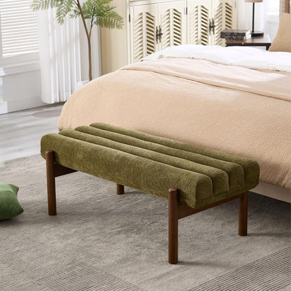 Green Upholstered Bench Modern End of Bed Bench Chenille Fabric Bedroom Bench for Entryway Living
