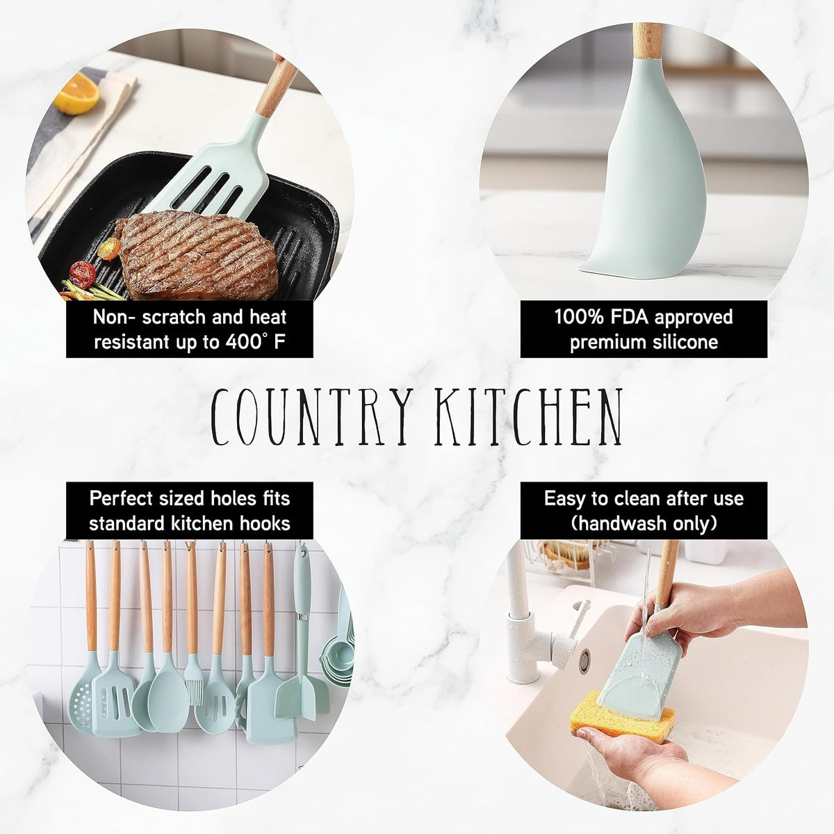 Country Kitchen Non Stick Silicone Utensil Set with Rounded Wood Handles for Cooking and Baking, 38