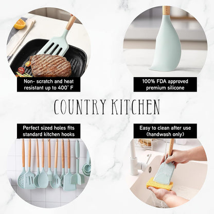 Country Kitchen Non Stick Silicone Utensil Set with Rounded Wood Handles for Cooking and Baking, 38