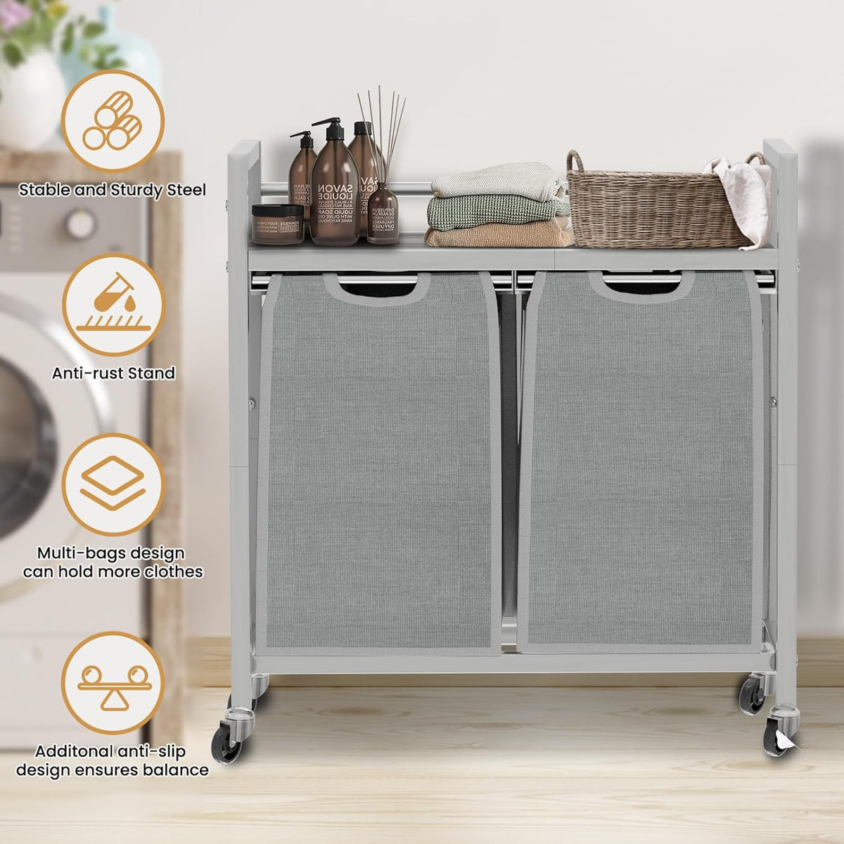 Laundry Hamper, Laundry Basket, Laundry Sorter with 3 Removable Bags, Clothes Basket with 3
