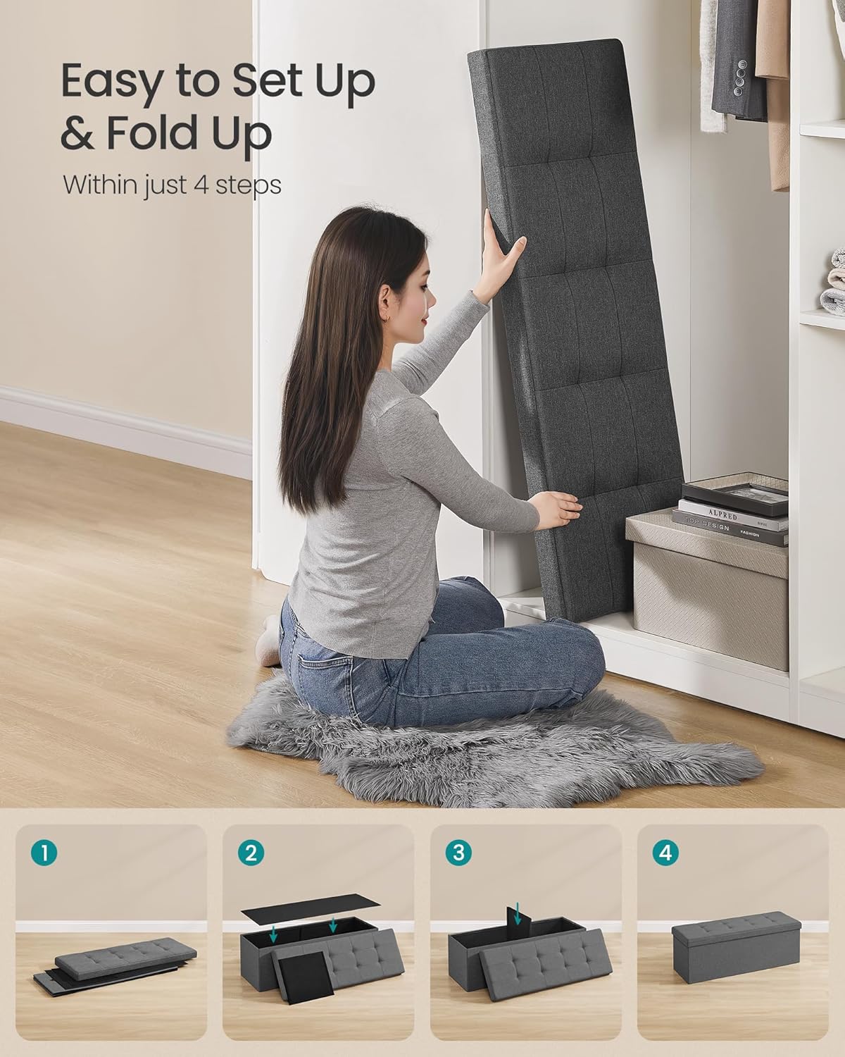 SONGMICS MAZIE Collection - 43 Inches Folding Storage Ottoman Bench, Ottoman Foot Rest, End of Bed