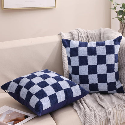 Alysheer Checkered Embroidered Decorative Throw Pillow Covers 18"x 18" Set of 2, Classic Chic Navy