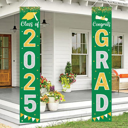 Graduation Decorations 2025 GRAD Banner Green Porch Door Sign Welcome Banner For Indoor Outdoor
