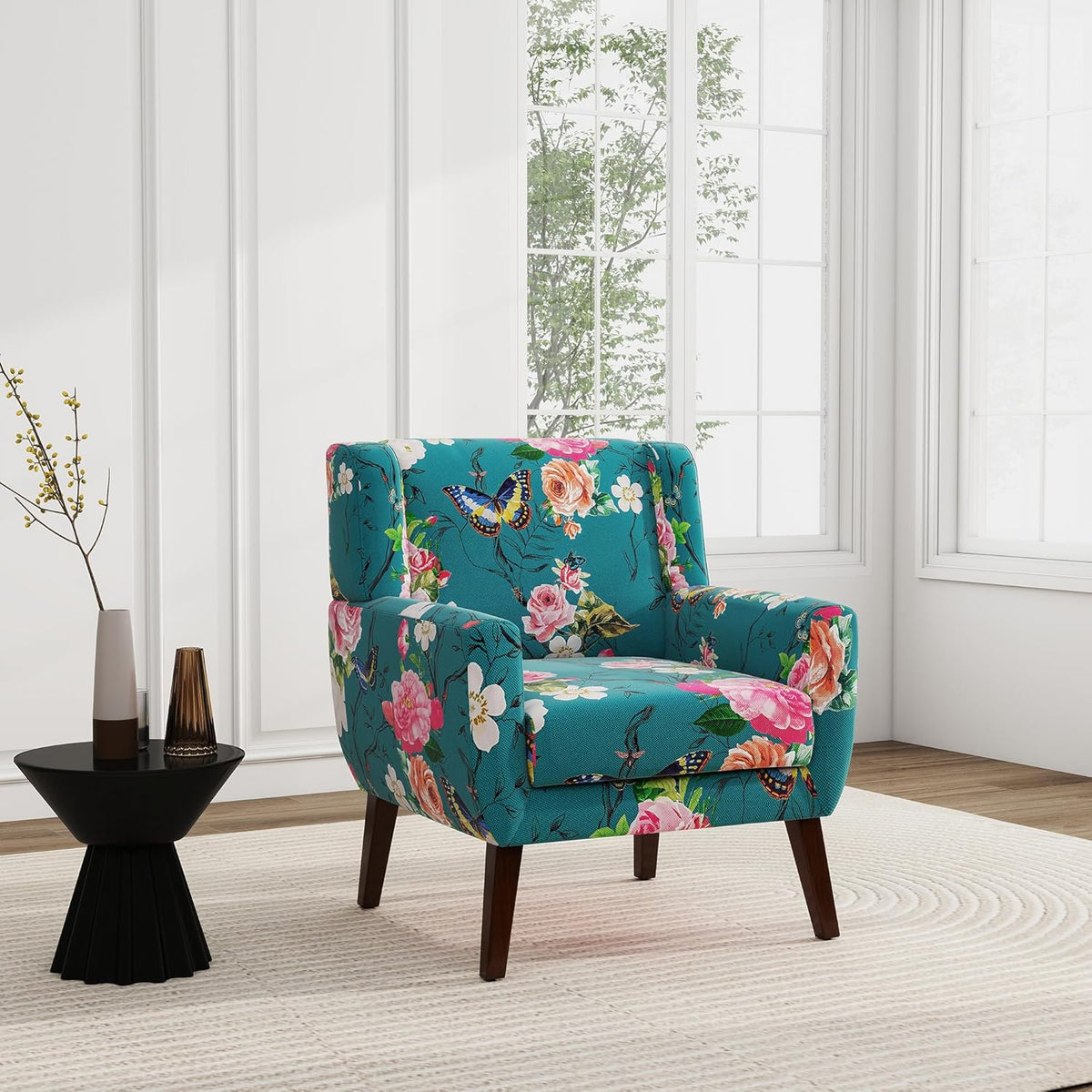 UIXE Floral Accent Chair, Modern Upholstered Armchair in Fabric for Living Room, Comfy Club Arm