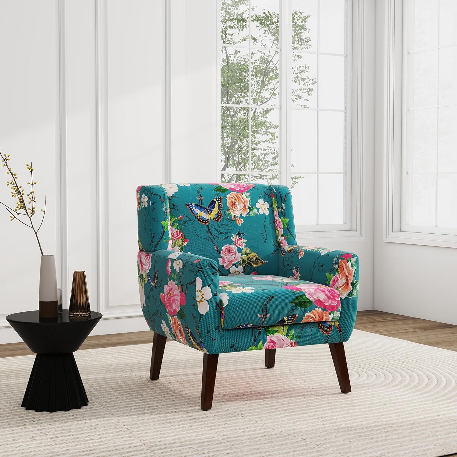 UIXE Floral Accent Chair, Modern Upholstered Armchair in Fabric for Living Room, Comfy Club Arm