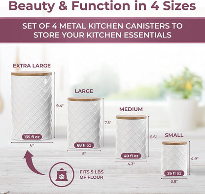 Pebble & Stem® White Metal Canister Set for the Kitchen Counter, Food Canister Set of 4, Airtight