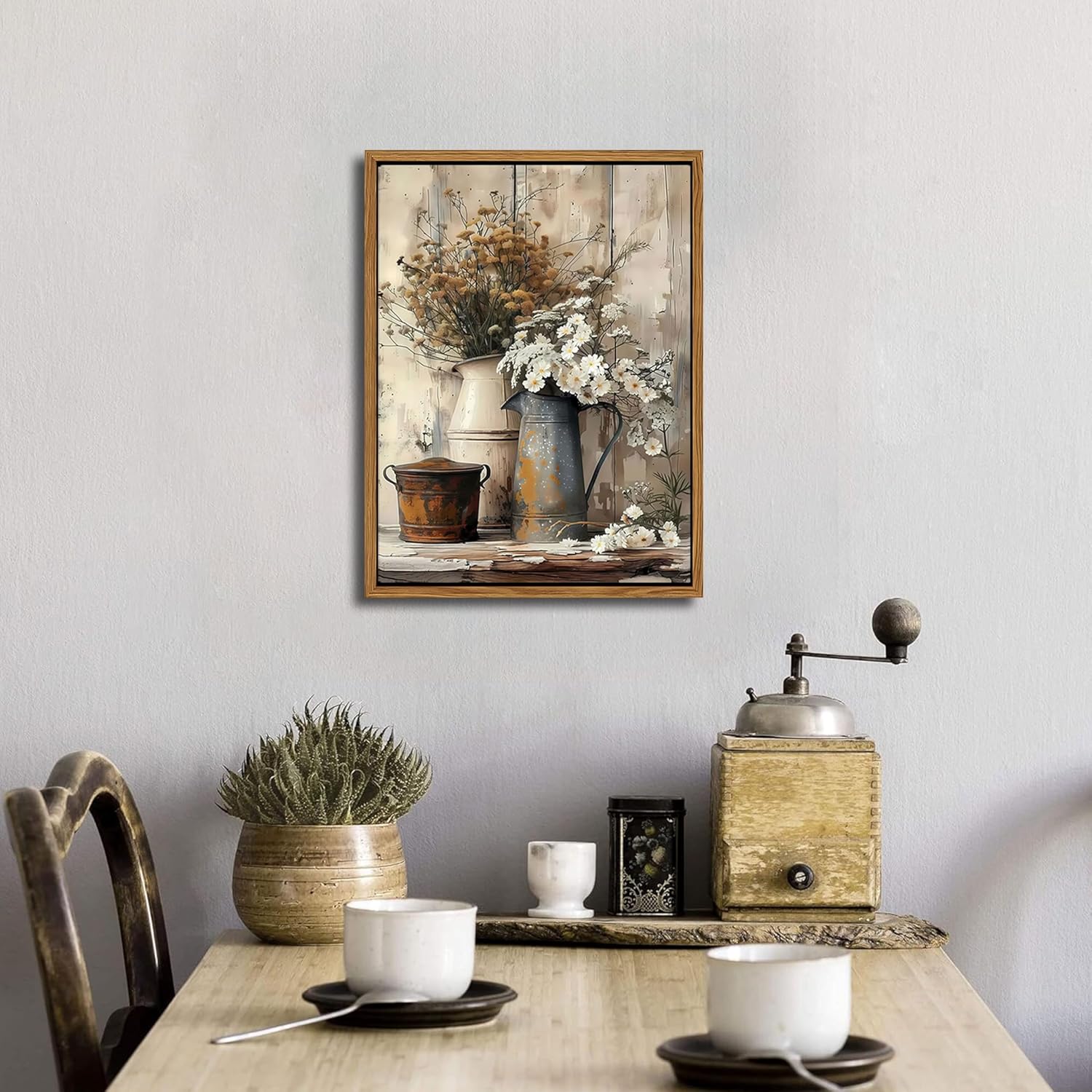 Floating Framed Farmhouse Vintage Canvas Wall Art, Country Floral Daisy Pictures Wall Decor, Wood