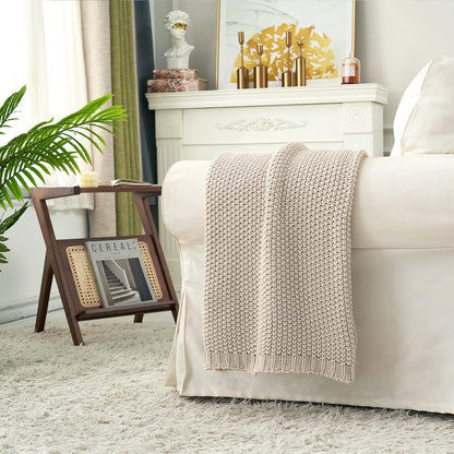 Longhui bedding Chunky Cable Knit Throw Blanket Lightweight Beige 100% Organic Cotton Blanket for
