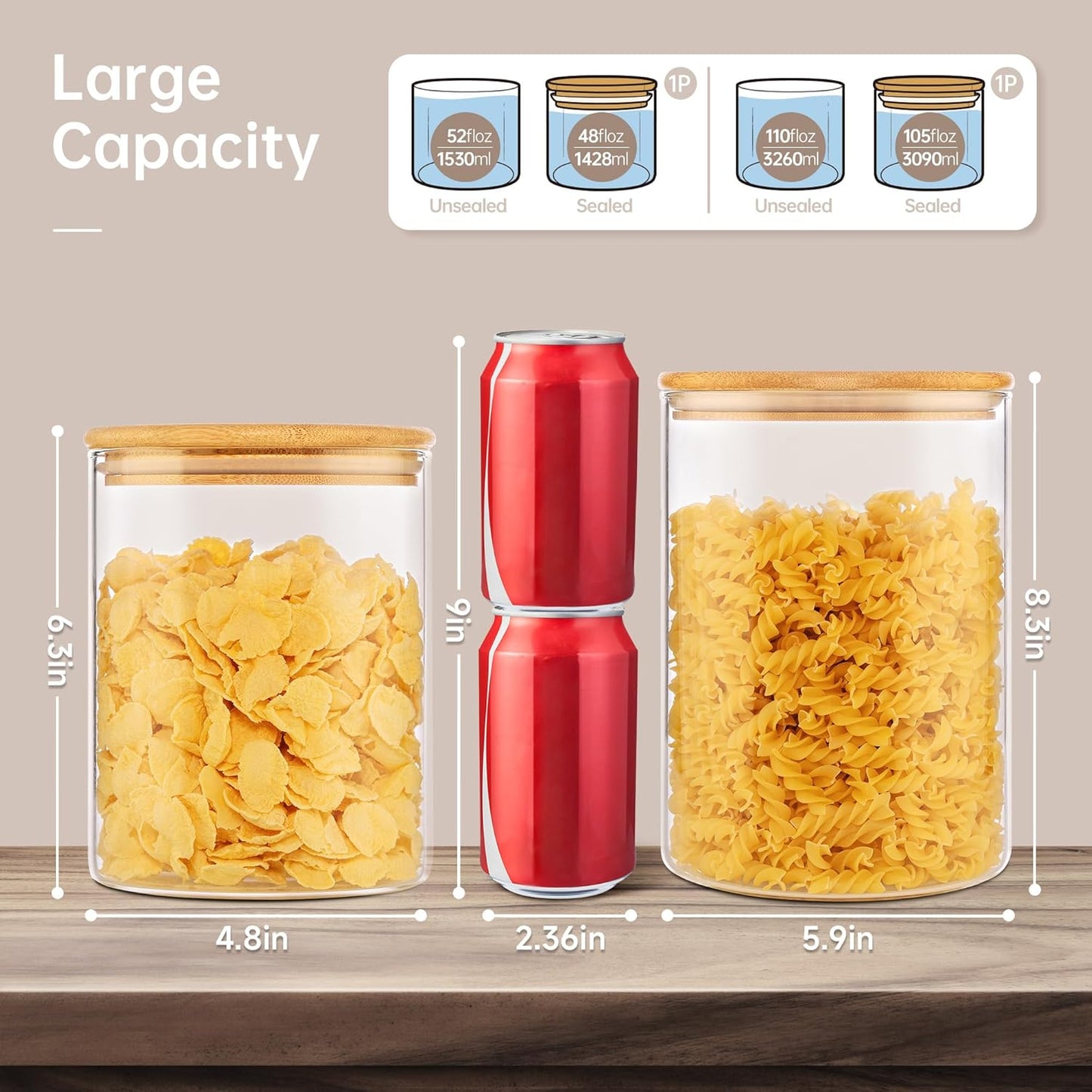 Extra Large Glass Flour and Sugar Storage Containers with Airtight lid,105 floz x1 & 48 floz x1