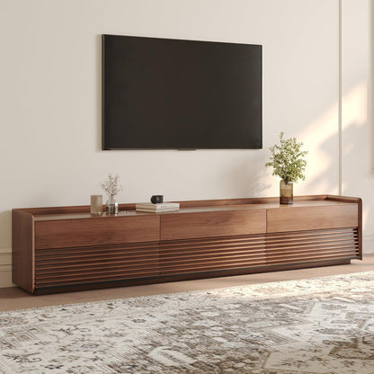 POVISON Fully-Assembled Mid Century Modern TV Stand, 94.49" Wood Media Console with Adjustable LED