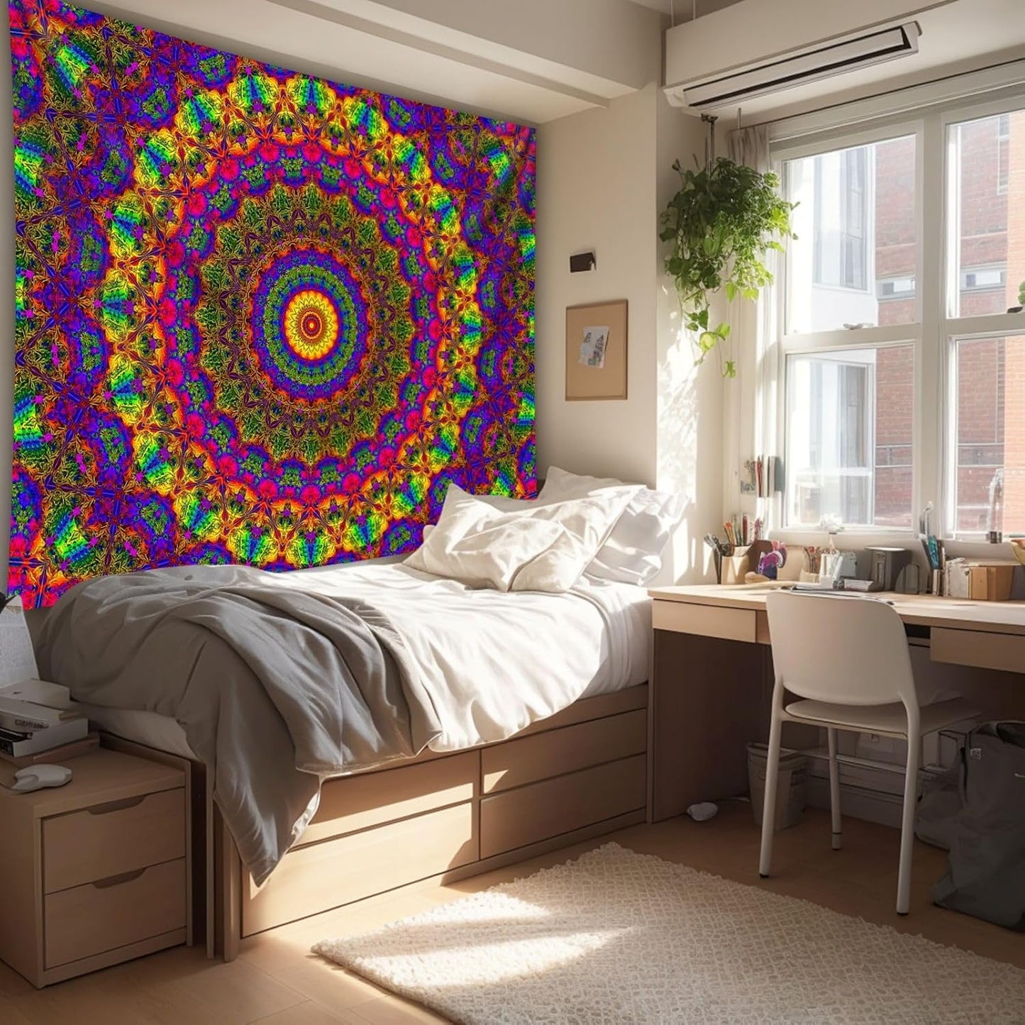 PSYHILAR Blacklight Mandala Boho Tapestry, Black Light Bohemian Hippie Poster for Adults and Teens