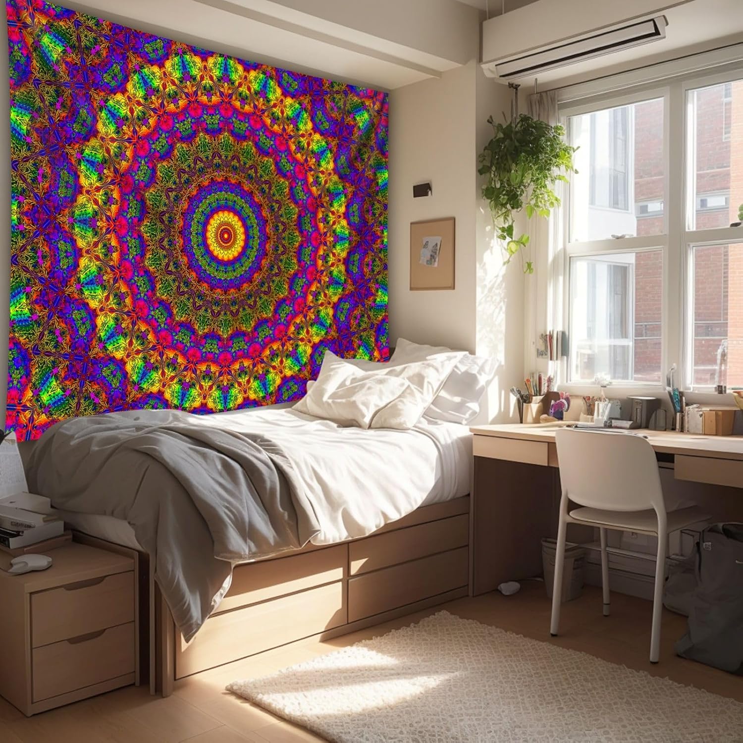 PSYHILAR Blacklight Mandala Boho Tapestry, Black Light Bohemian Hippie Poster for Adults and Teens
