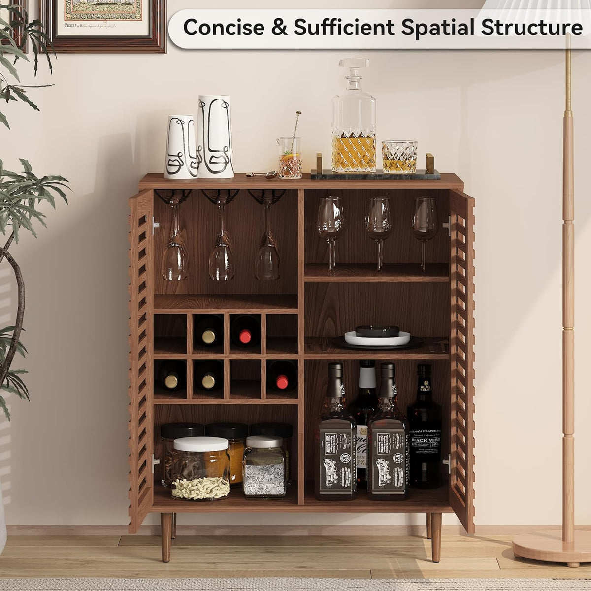 Mid Century Bar Cabinet with Wine Racks, Modern Liquor Cabinet with Slatted Doors for Dining Room