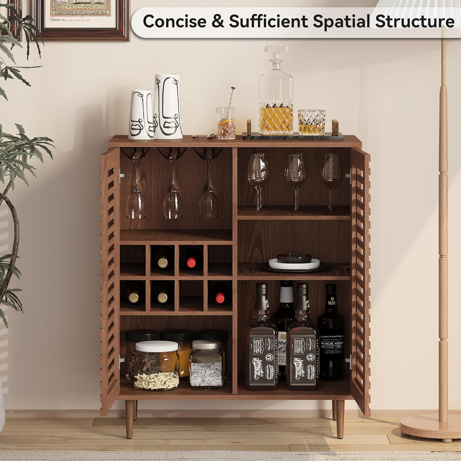 Mid Century Bar Cabinet with Wine Racks, Modern Liquor Cabinet with Slatted Doors for Dining Room