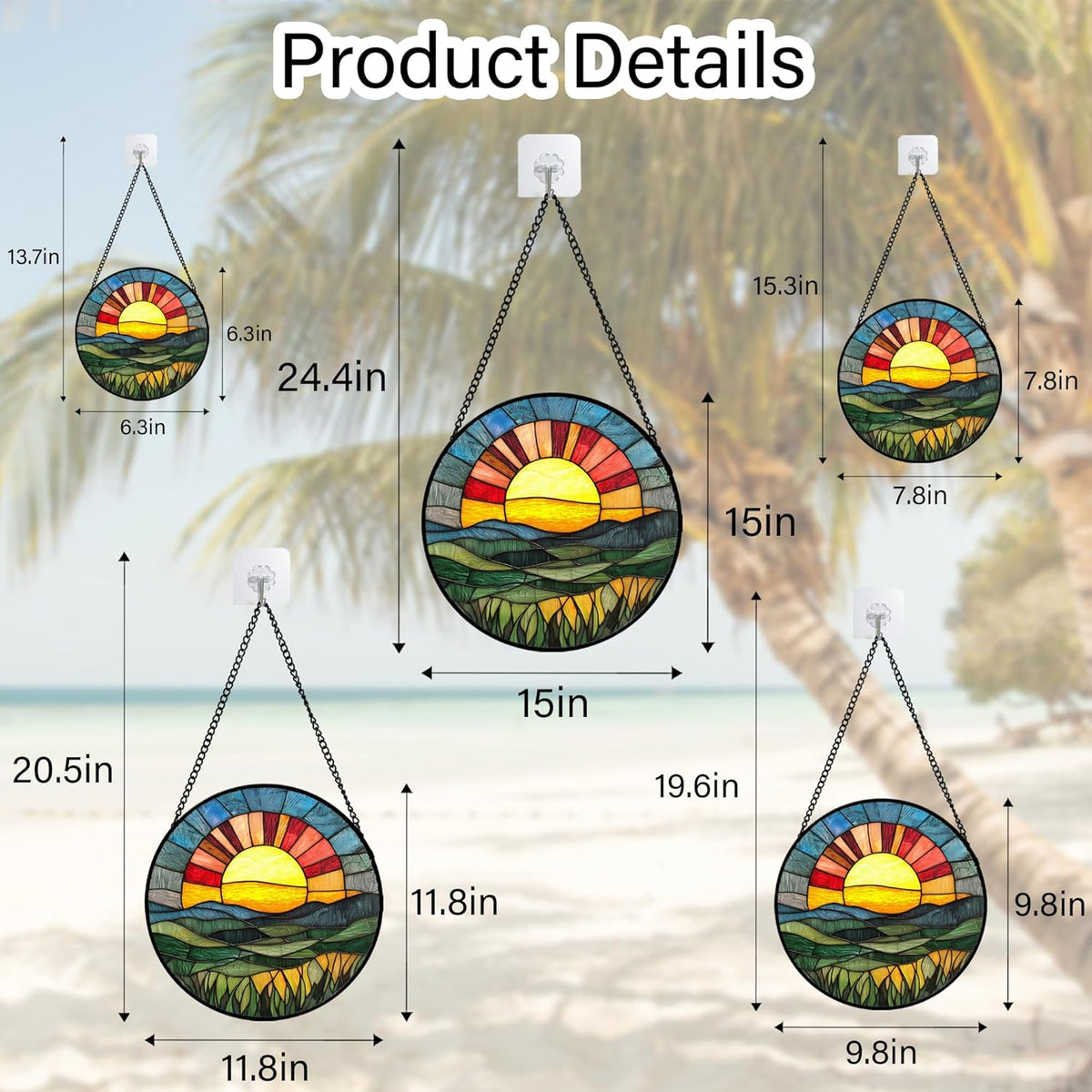 Stained Glass Window Hanging, Golden Red Sun Green Mountain Suncatcher for Window Home Decor Nature