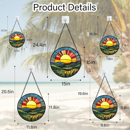 Stained Glass Window Hanging, Golden Red Sun Green Mountain Suncatcher for Window Home Decor Nature