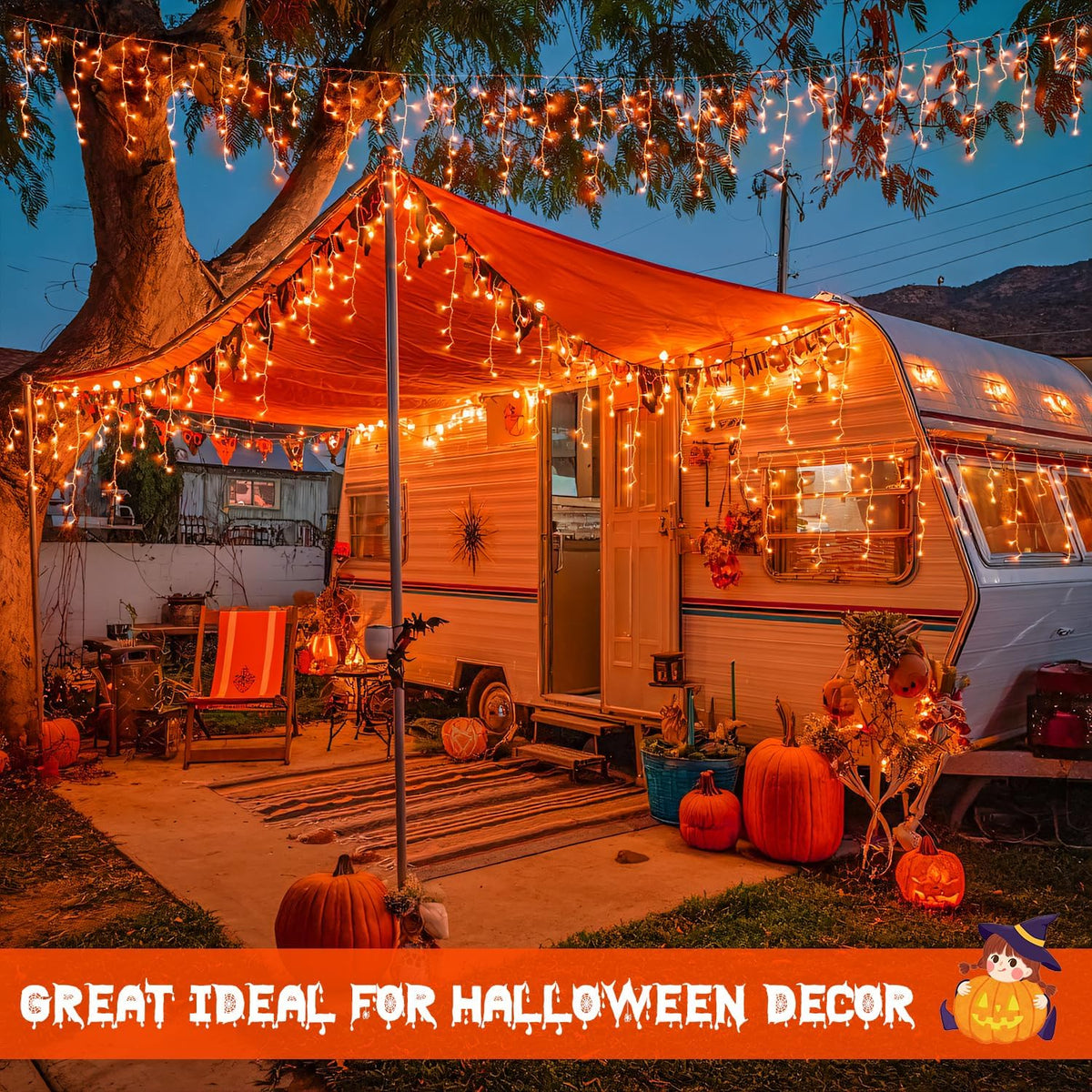JMEXSUSS Orange Halloween Lights Outdoor, 38.8 FT 400 LED Orange Icicle Lights Outdoor Waterproof