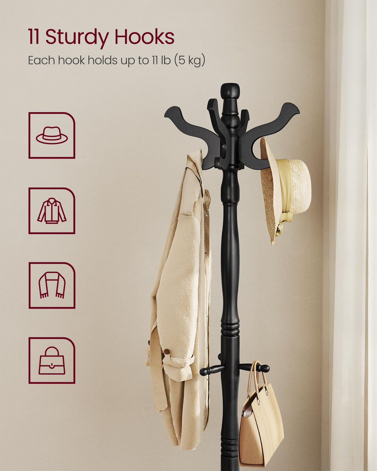 VASAGLE Freestanding Coat Rack, Rubber Wood Coat Tree with 11 Hooks