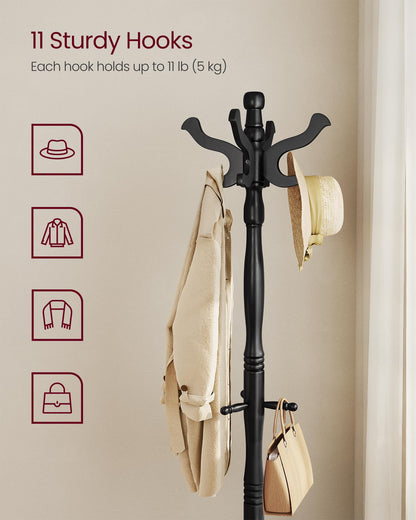 VASAGLE Freestanding Coat Rack, Rubber Wood Coat Tree with 11 Hooks