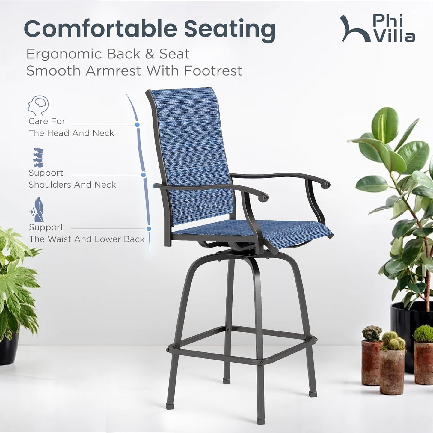 PHI VILLA Outdoor Bar Set, 7 Piece Patio Dining Table and Swivel Bar Stools with Metal Table, for