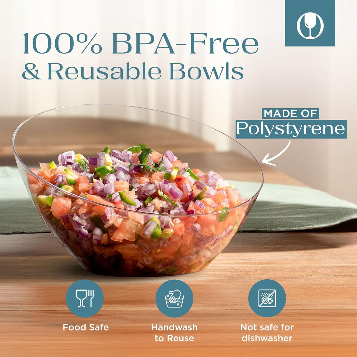 Posh Setting Crystal Clear, Disposable Premium Hard Plastic Medium Angled Bowl, Party, Salad, Snack