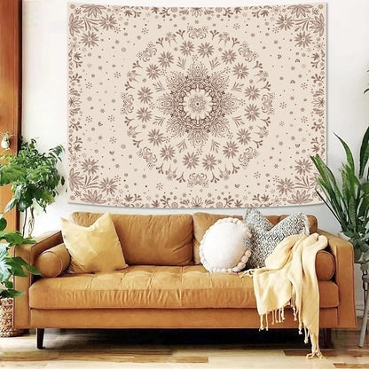 Fowocu Boho Floral Mandala Tapestry Wall Hanging Bohemian Flower Medallion Tapestry Aesthetic Beige