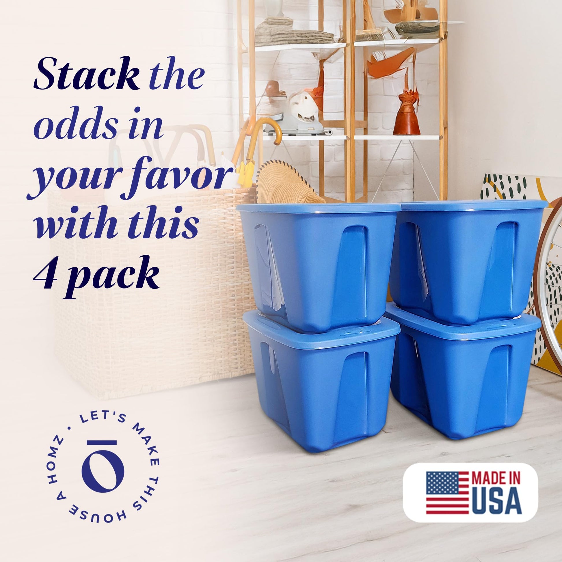 HOMZ 4-Pack Durable Molded Bin, Plastic Storage Containers w/Lids, 18 Gallon, Blue - Stackable
