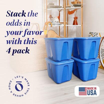 HOMZ 4-Pack Durable Molded Bin, Plastic Storage Containers w/Lids, 18 Gallon, Blue - Stackable