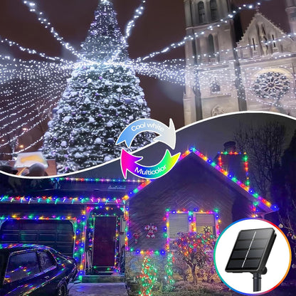 SANJICHA Cool White and Multicolor Color Changing Solar String Lights, Extra-Long 2PK 144FT 400LED
