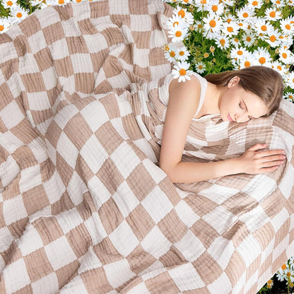 EMME Checkered Throw Blanket Cooling Cotton Blanket for Couch Soft Muslin Blankets 50"x60"