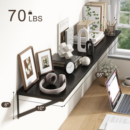 Floating Shelves 55 Inch Long, 10" Deep Floating Shelves, Black Wall Shelves 55 x 10, Set of 2