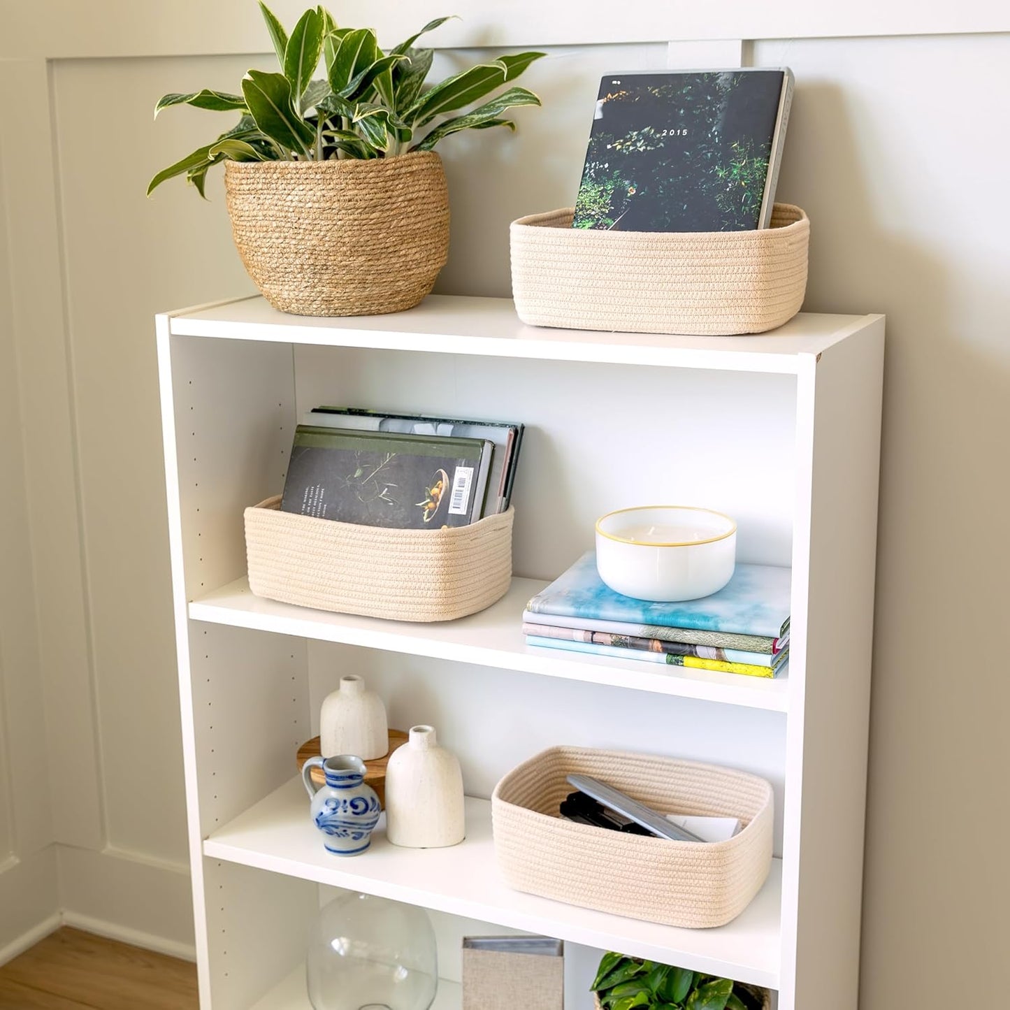 NaturalCozy 11.8"x8"x4.5” Storage Baskets for Shelves 3 Pack | Cotton Rope Woven Small Baskets for