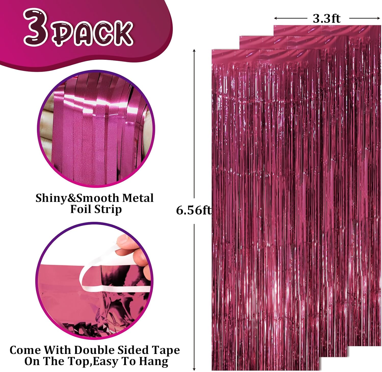 3 Pack 3.3 x 8.2 ft Burgundy Foil Fringe Backdrop Curtains, Tinsel Streamers Party Decorations