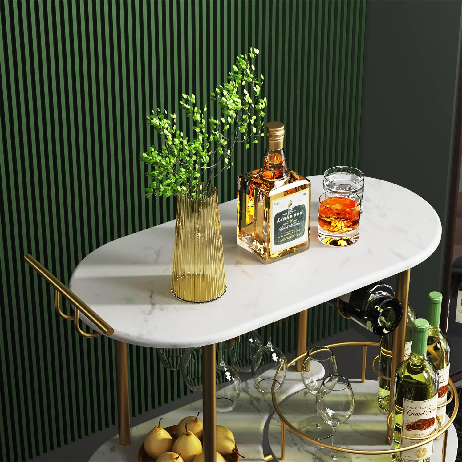 Gold Bar Carts with 4-Tier Storage Shelves, Mobile Bar Serving Cart with Wine Rack and Glass