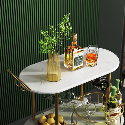 Gold Bar Carts with 4-Tier Storage Shelves, Mobile Bar Serving Cart with Wine Rack and Glass