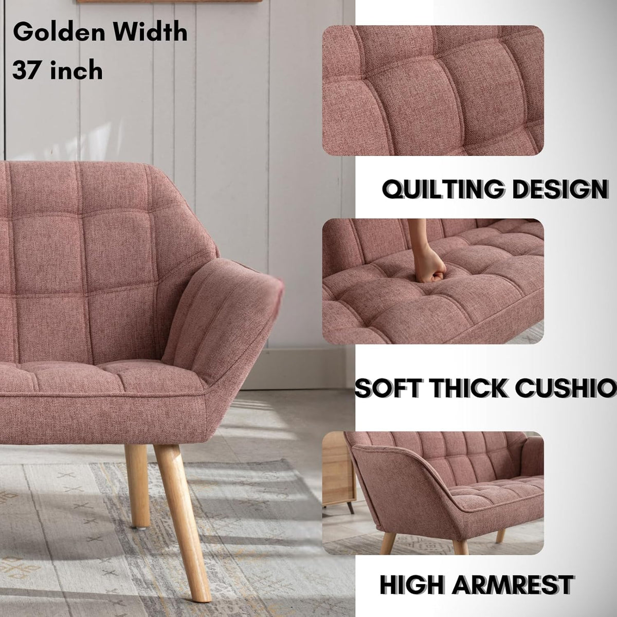 48”Small Loveseat Sofa, Modern Linen Upholstered Mini Couch 2-Seater Fluffy Love Seat with Quilting