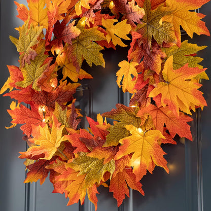 Glitzhome 24 Inch Pre-lit Fall Wreath, Autumn Wreath for Front Door, Lighted Maple Leaves Wreaths