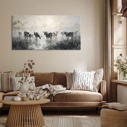 LASMOND Black and White Cow Wall Art for Living Room Ink Wash Canvas Painting Prints Morning Cattle