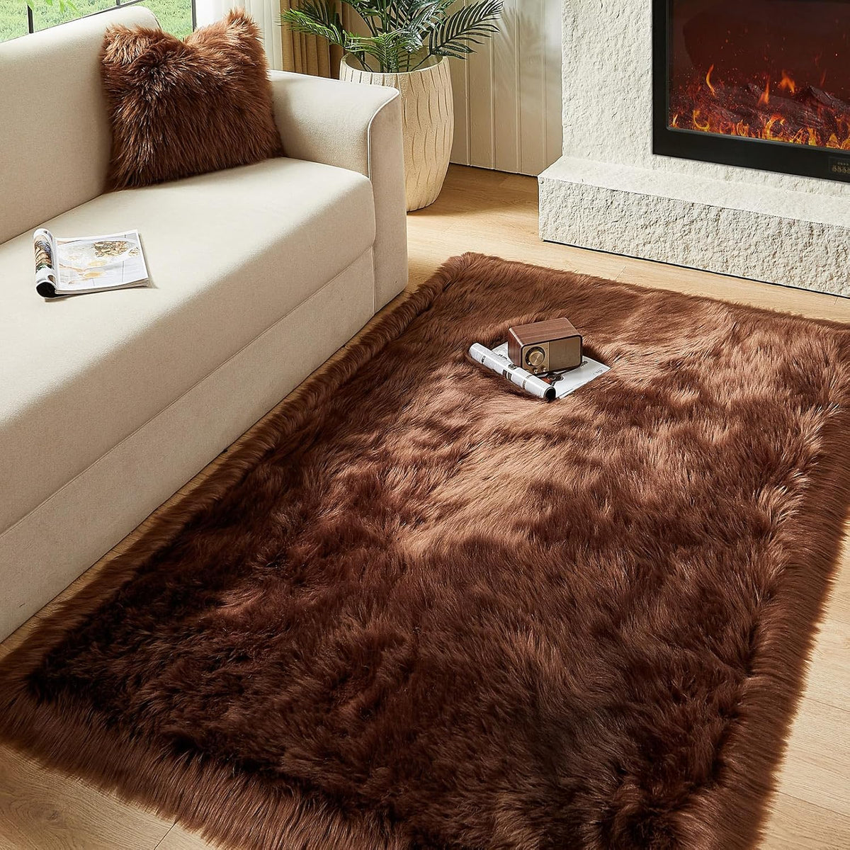 AMTOVO Faux Fur Sheepskin Rug for Living Room, 4 x 6 ft Coffee Fluffy Area Rug for Bedroom