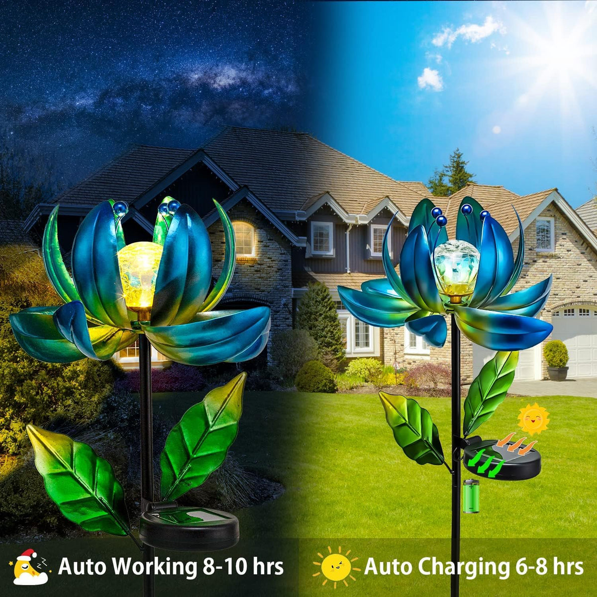 Solar Garden Lights Metal Flower Decor, Colorful Spinning Windmill Lotus Pathway Ligths with LED