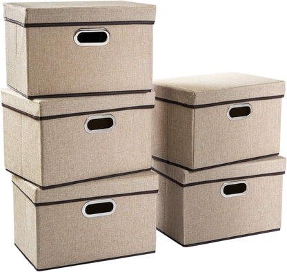PRANDOM Collapsible Storage Containers with Lids [5-Pack] Jute Fabric Foldable Storage Bins Boxes