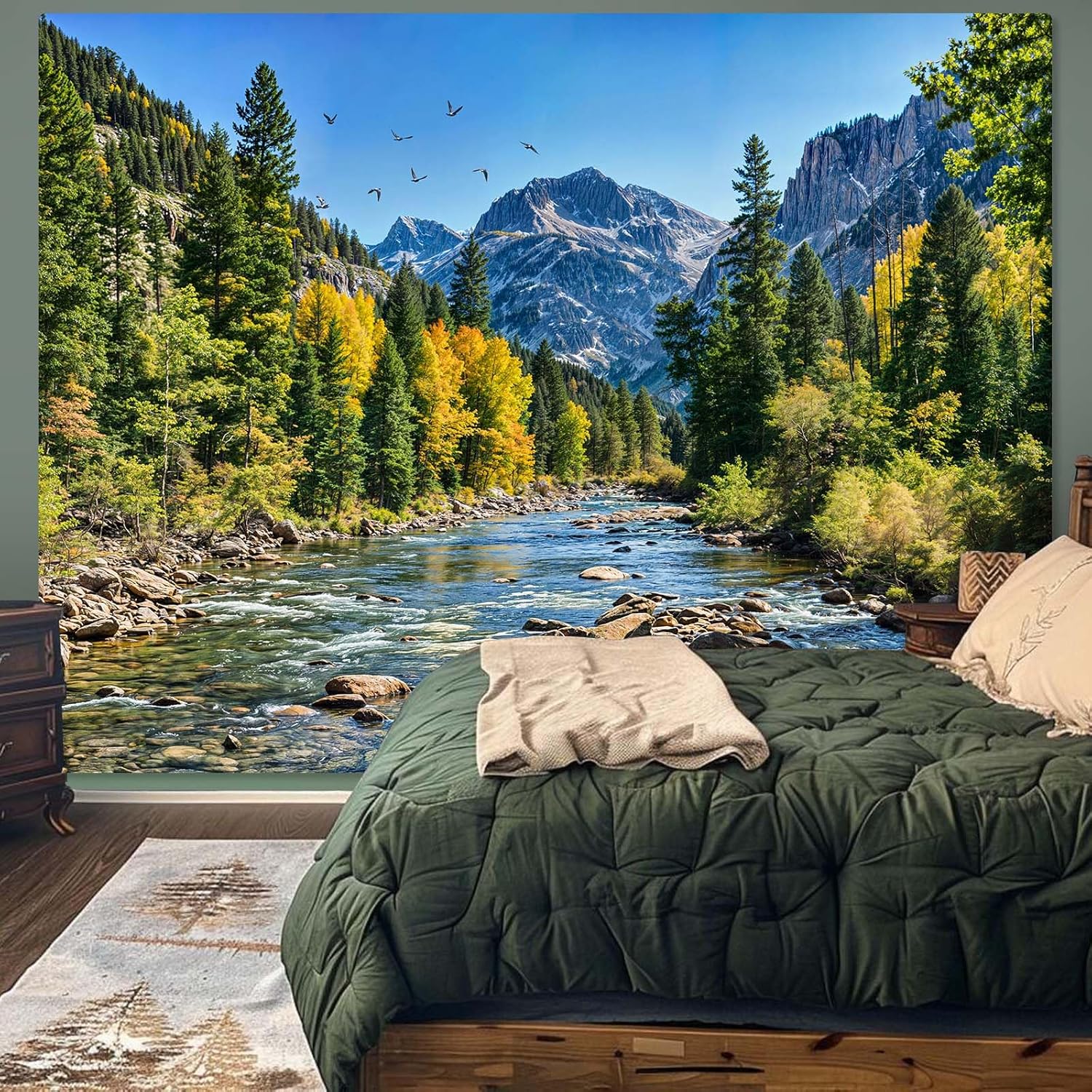AMM Nature Forest Mountain Tapestry Green Pine Tree Tapestry for Bedroom Aesthetic Flowing River