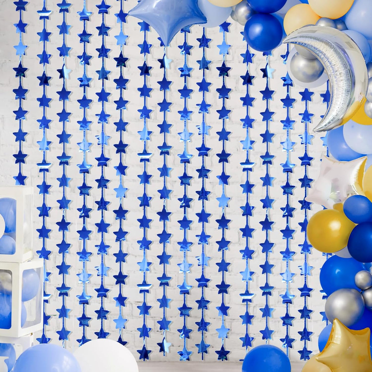 LOLStar 2Pack Blue Happy Birthday Party Decorations 3.3X6.6ft Each Navy Star Streamers Backdrop