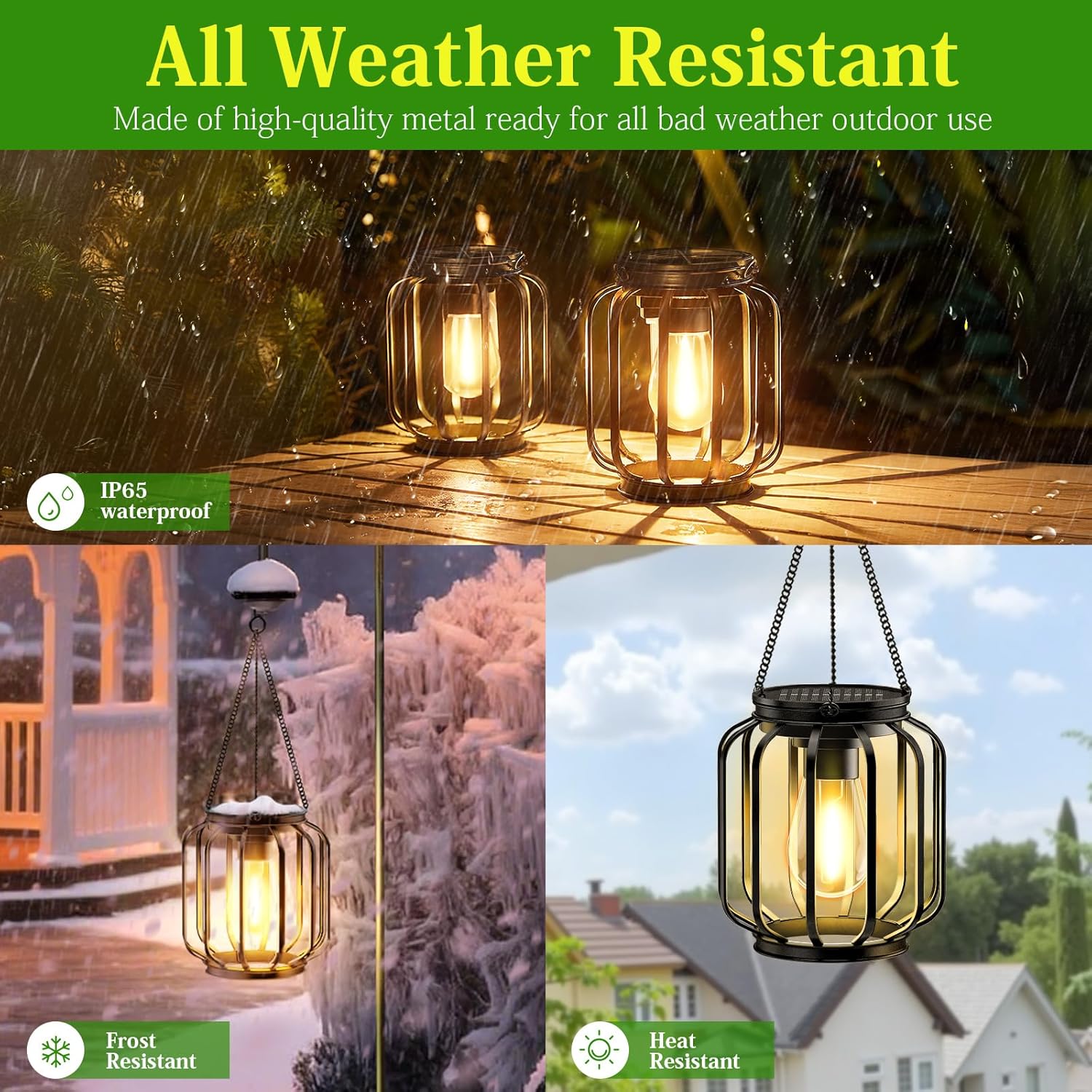 Solar Hanging Lanterns Outdoor: 2 Pack Metal Solar Hanging Lights with Hook, Bright - Warm