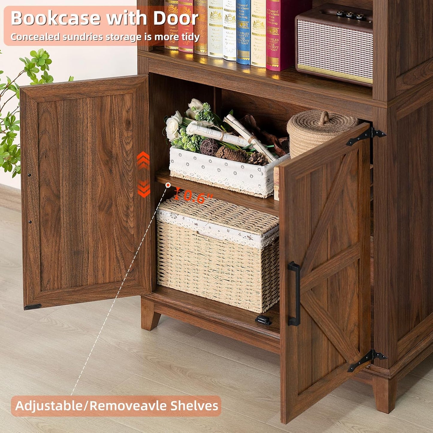 70in Tall Bookshelf 5 Tier Bookcase with Barn Doors and Adjustable Shelves, Brown Farmhouse Book