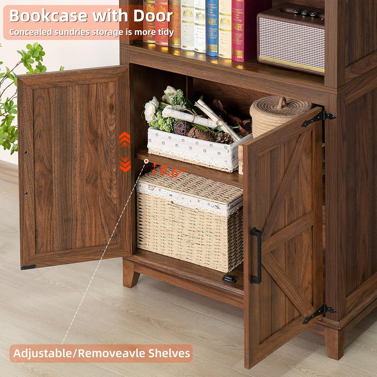 70in Tall Bookshelf 5 Tier Bookcase with Barn Doors and Adjustable Shelves, Brown Farmhouse Book