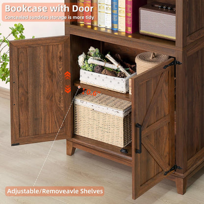 70in Tall Bookshelf 5 Tier Bookcase with Barn Doors and Adjustable Shelves, Brown Farmhouse Book