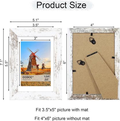4x6 Picture Frame Set of 4, 4 x 6 Wood Photo Frames with Mat for 3.5x5, Rustic Natural Wooden Frame